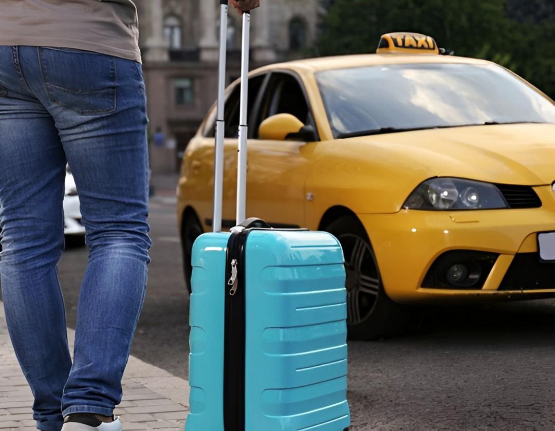 Person getting into a yellow cab with a smile